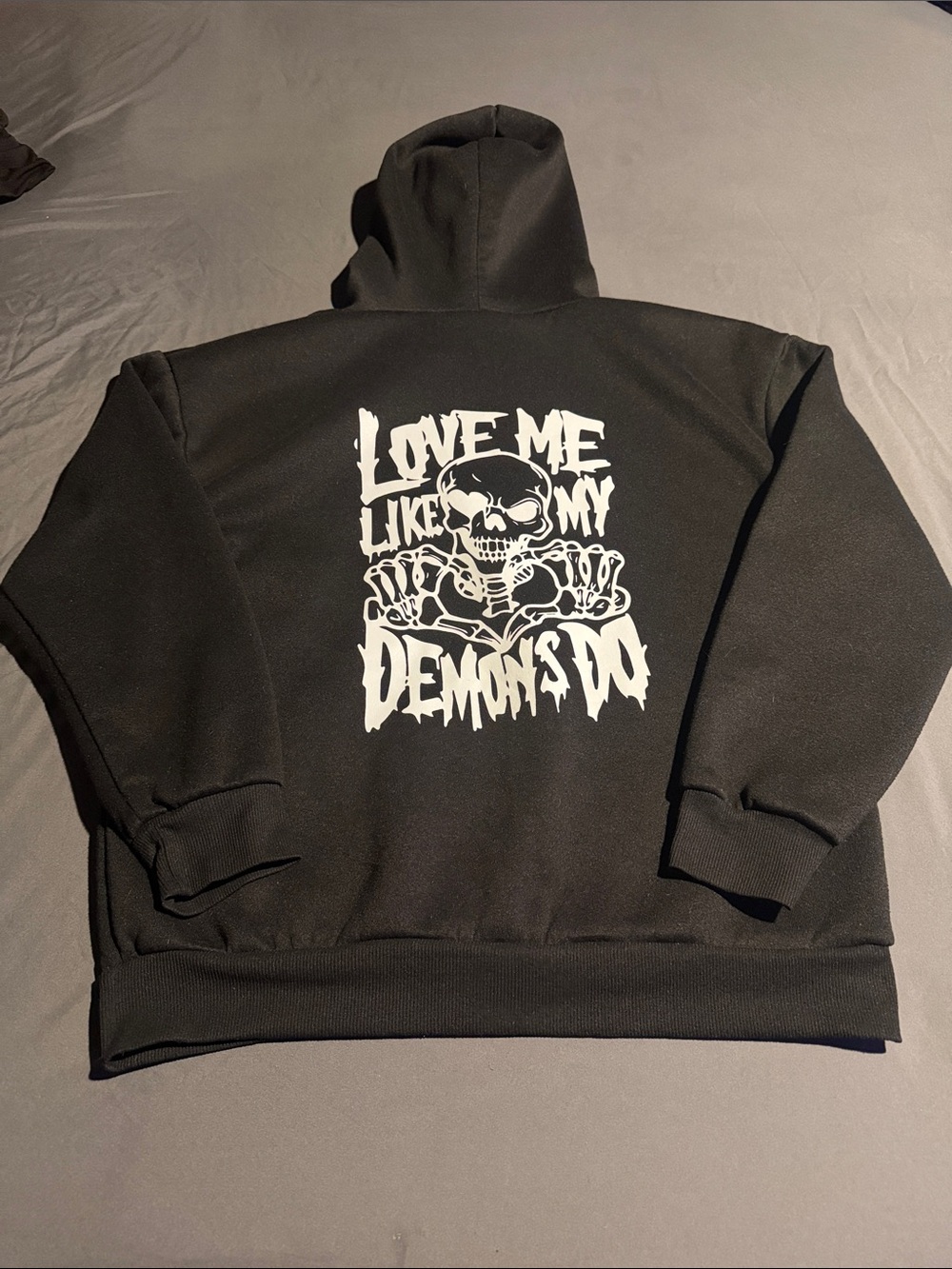 Black Graphic Hoodie with White Skull "Love Me Like My Demons Do"